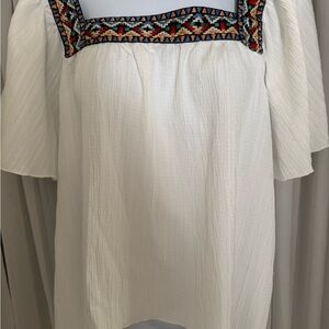 White Boxy Blouse with Flutter Sleeves and Bib Collar